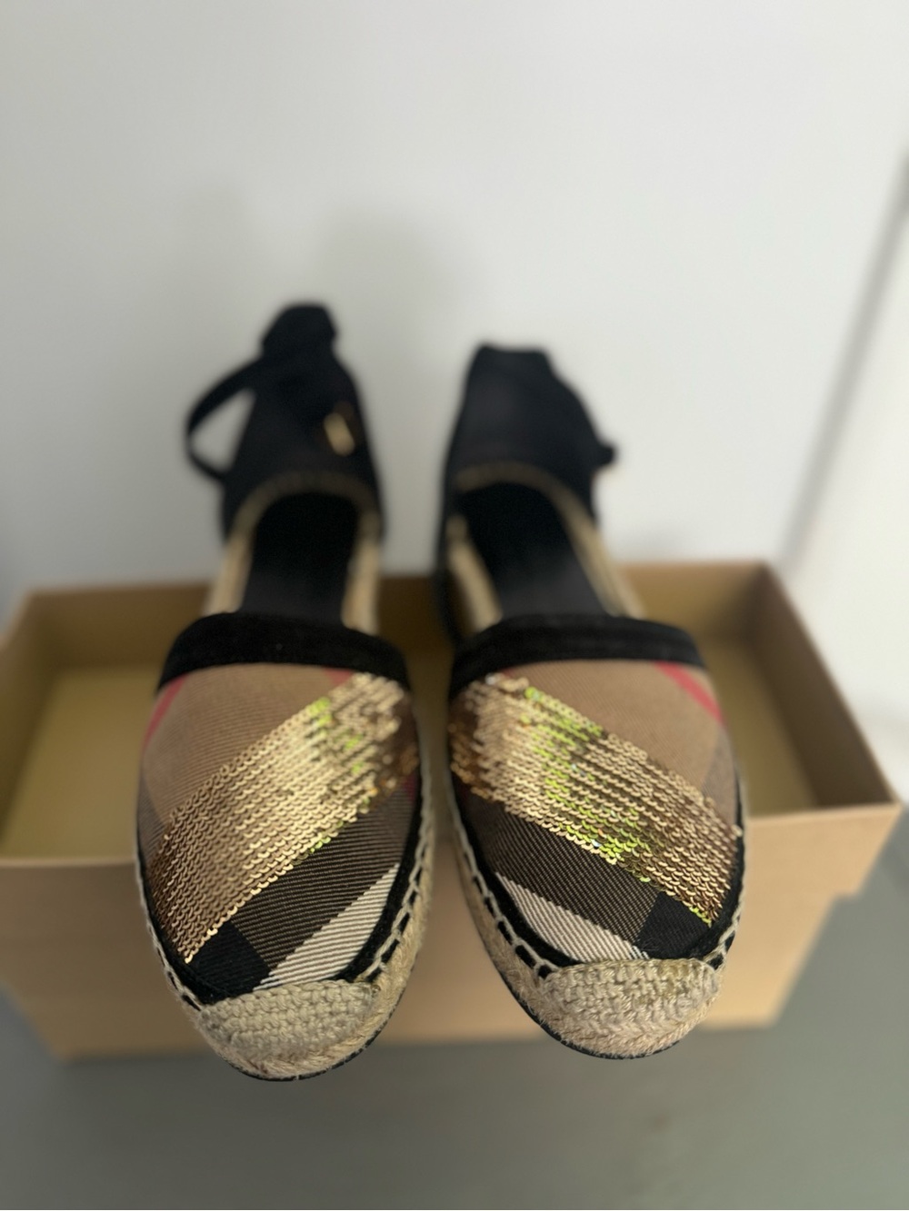 Burberry Black Espadrille Flats with Gold Sequin Accent